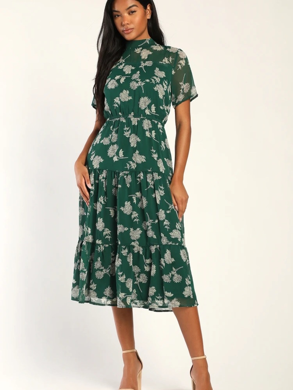 Lulus High Neck Floral Tiered Midi Dress in Forest Green and Ivory Flowy Large
